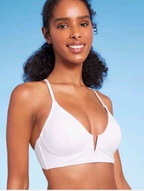 Shade & Shore White Ribbed Longline V-Wire Bikini Top - Size 32B- NWT